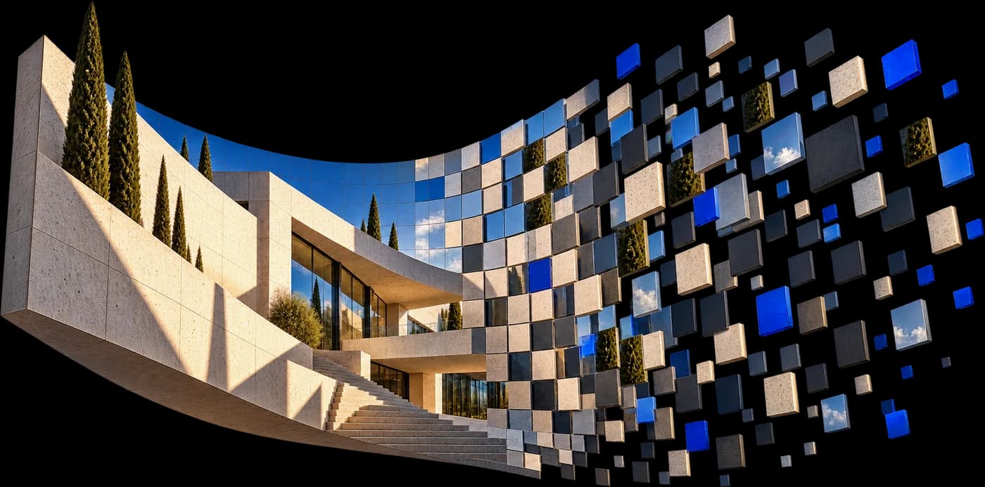 A limestone museum whose facade dissolves into floating tiles: every picture is made of pixels, and the mark lives in them