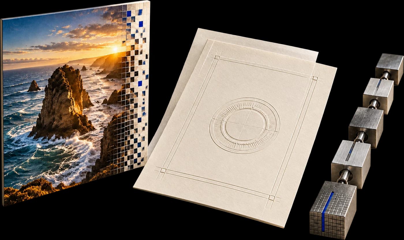 Three proofs side by side: a coastal photograph whose pixels carry the mark, an ivory certificate with an embossed seal, and a chain of metal blocks