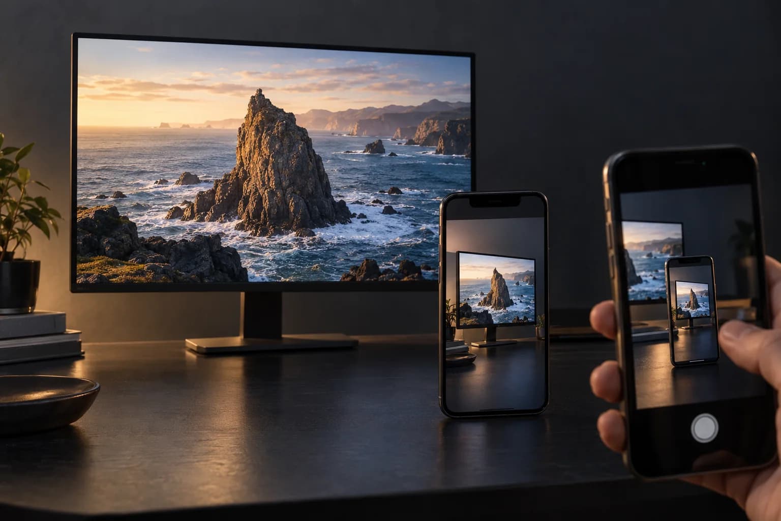 A coastal photograph on a monitor, a phone on the desk filming the monitor, and a hand holding a second phone that films the first