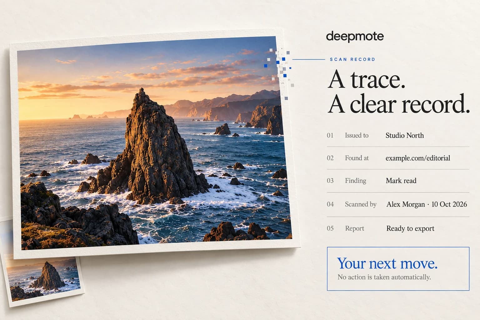 A printed coastal photograph beside its scan record: issued to Studio North, found at a web address, mark read, who scanned it and when, and a report ready to export